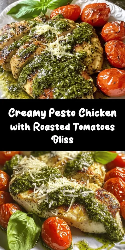 Indulge in this delicious Creamy Pesto Chicken with Roasted Tomatoes that will elevate your weeknight dinner to new heights! Featuring juicy chicken breasts cooked in a rich basil pesto cream sauce and served with sweet, caramelized cherry tomatoes, this dish is both simple and satisfying. Perfect for family dinners or special occasions, don’t forget to finish it off with a sprinkle of Parmesan cheese and fresh basil for an extra touch!
