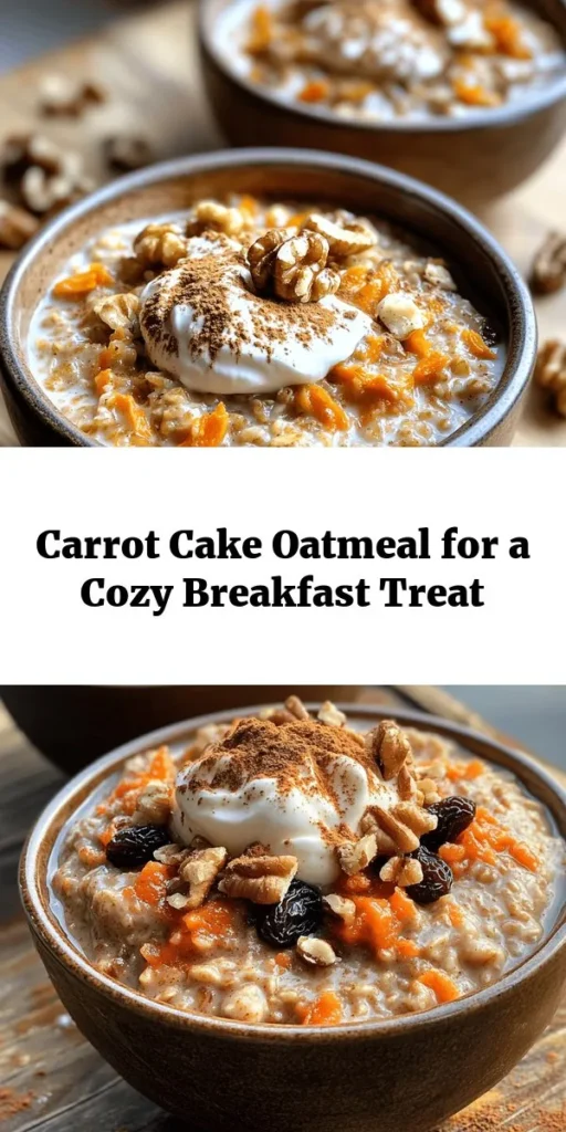 Start your day with a bowl of Carrot Cake Oatmeal Delight! This cozy breakfast combines rolled oats, grated carrot, and a sprinkle of cinnamon, making it a delicious and nutritious way to fuel your morning. With sweet raisins and crunchy walnuts, every bite is packed with flavor. Whip it up in just 15 minutes, and feel free to top it with cream cheese or yogurt for an extra touch. Perfect for a wholesome breakfast that's both satisfying and delightful!