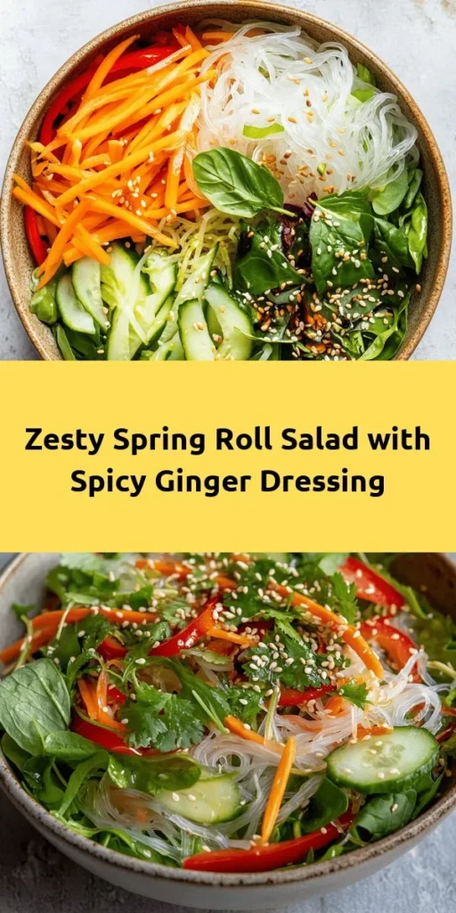 Brighten up your meal with this Fresh & Zesty Spring Roll Salad topped with a Spicy Ginger Dressing! Packed with vibrant veggies like mixed greens, carrots, and cucumbers, plus the refreshing flavors of cilantro and mint, this salad is a perfect way to welcome spring. For added protein, toss in some shrimp or tofu. Ready in just 15 minutes, it’s an easy, healthy dish that bursts with flavor. Don’t forget to sprinkle on toasted sesame seeds for that extra crunch!
