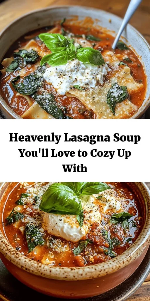 Dive into comfort with this mouth-watering Lasagna Soup recipe! It's packed with savory Italian sausage, tender noodles, fresh spinach, and a creamy cheese blend. In just 30 minutes, you can serve up a delicious meal that tastes just like traditional lasagna, but in a cozy soup form. Perfect for busy weeknights or a comforting dinner with family. Don't forget to garnish with fresh basil for an extra touch! Enjoy a warm bowl of happiness today!