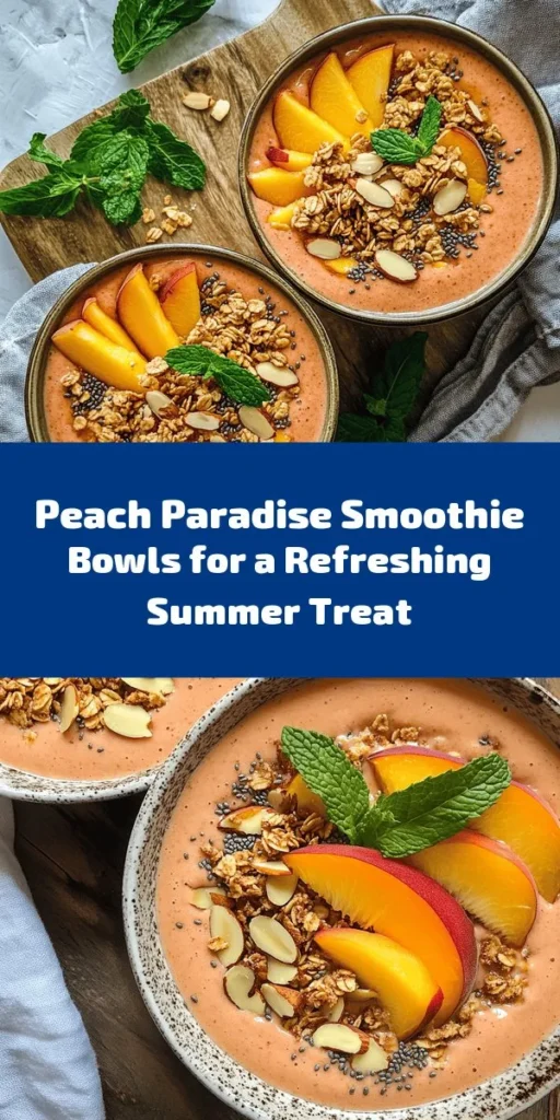 Dive into summer with these Peach Paradise Smoothie Bowls! This deliciously creamy blend of ripe peaches, frozen banana, and Greek yogurt creates a refreshing treat that’s perfect for breakfast or a snack. Top it off with crunchy granola, sliced almonds, chia seeds, and fresh mint for added flavor and texture. Easy to make in just 10 minutes, these smoothie bowls will brighten your day and satisfy your taste buds! Enjoy a taste of paradise!