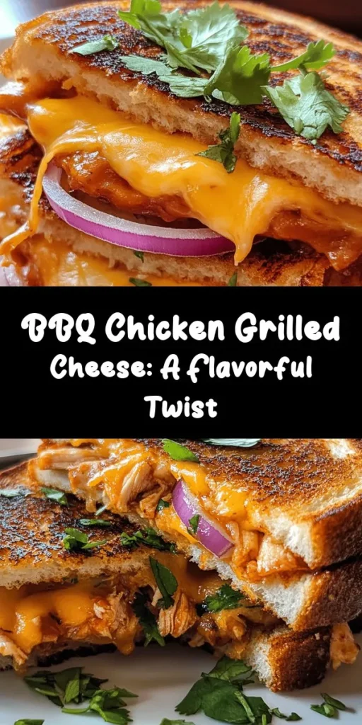 Indulge in the ultimate comfort food with this BBQ Chicken Grilled Cheese Delight! Packed with tender shredded chicken mixed with your favorite barbecue sauce and loaded with gooey cheddar and mozzarella, this sandwich is sure to please. Perfectly grilled on sourdough bread for that crispy crust, it’s a delight you won’t want to miss. Garnish with fresh herbs for an extra pop of flavor. Quick to make and irresistibly delicious, it's perfect for any meal!