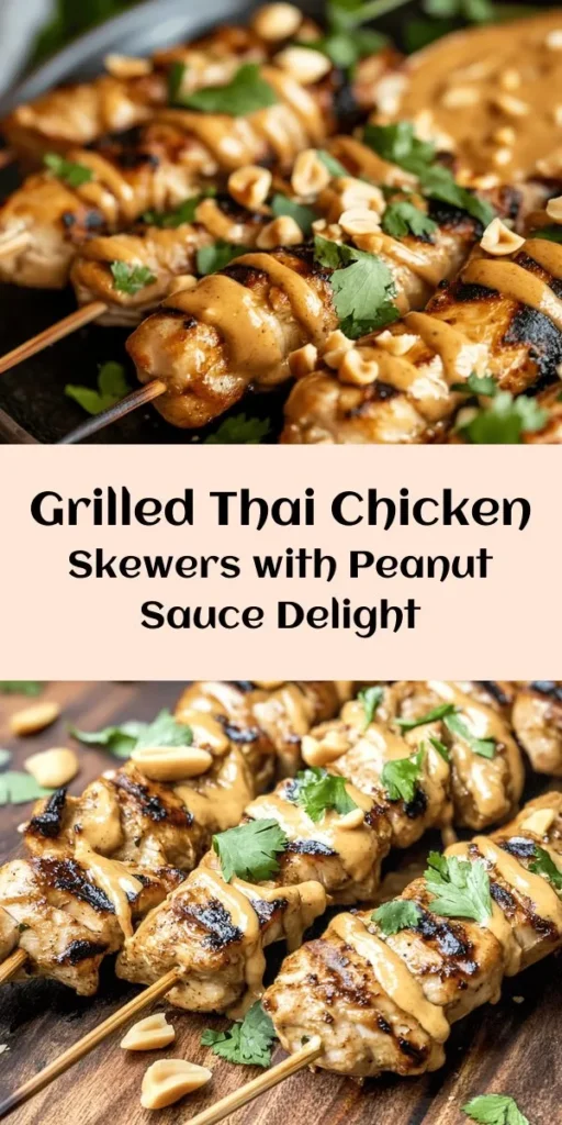 Savor the flavors of Thailand with these easy grilled chicken skewers paired with a creamy peanut sauce! Perfect for summer barbecues or a quick weeknight dinner, this recipe features marinated chicken thighs grilled to perfection. The homemade peanut sauce adds a delightful touch, with options for extra heat if you like. Ready in just 40 minutes, these skewers are sure to impress your family and friends. Don't forget to garnish with peanuts and cilantro for a fresh finish!