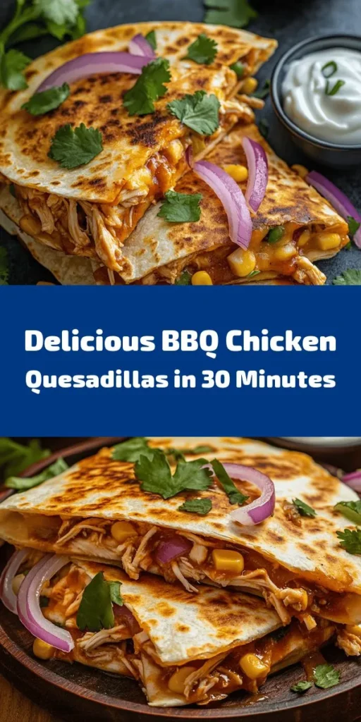 Satisfy your cravings with these mouthwatering BBQ Chicken Quesadillas! Packed with shredded chicken, gooey mozzarella and cheddar cheese, and a touch of BBQ flavor, these quesadillas are easy to make and perfect for a quick meal. With sweet red onions, corn, and optional jalapeños for a kick, you'll love every cheesy bite. Perfect for sharing (or not)! Serve with sour cream and salsa for a delicious twist. Enjoy in just 30 minutes!