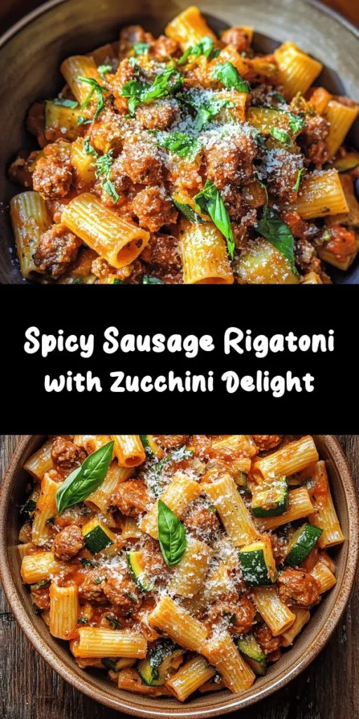 Savor the flavors of this Spicy Sausage Rigatoni with Zesty Zucchini! This delicious pasta dish combines hearty rigatoni with spicy Italian sausage, fresh zucchini, and a tangy tomato sauce. Perfect for a weeknight dinner, it's easy to make in just 30 minutes. Garnish with basil and Parmesan for an extra touch. Enjoy a bowl of comfort food that's sure to impress your family and friends! #PastaRecipe #EasyDinner #ItalianCuisine