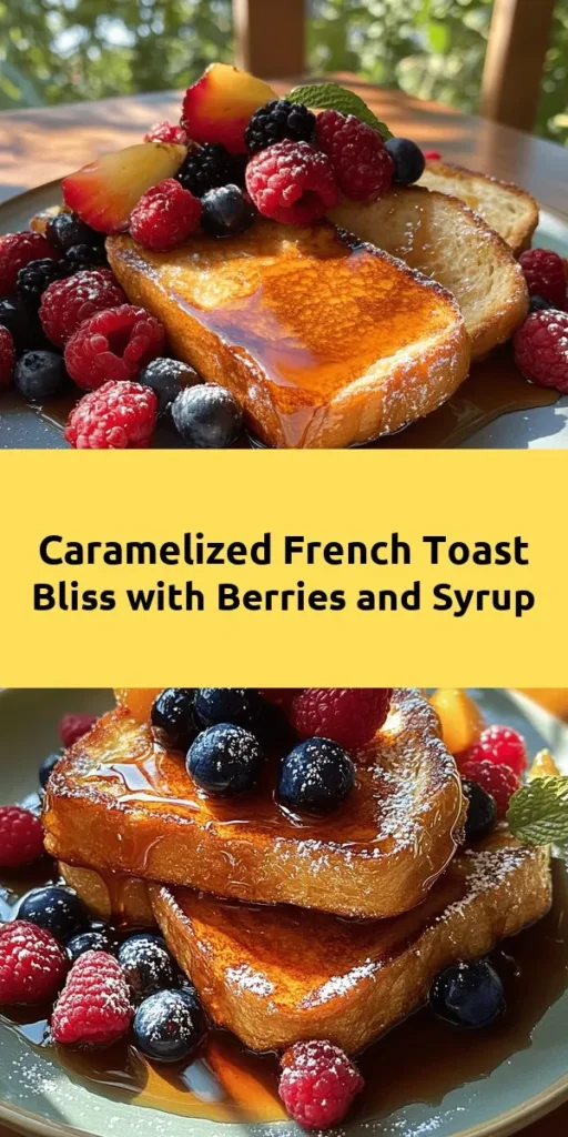 Indulge in a sweet morning treat with this Caramelized Delight French Toast! Made with thick brioche bread soaked in a creamy egg mixture, it's cooked to golden perfection and topped with a luscious caramel sauce. Fresh berries add a pop of color and freshness, while maple syrup brings it all together. Perfect for brunch or a cozy breakfast at home, this recipe is quick to prepare and utterly delicious! Enjoy a delightful start to your day!