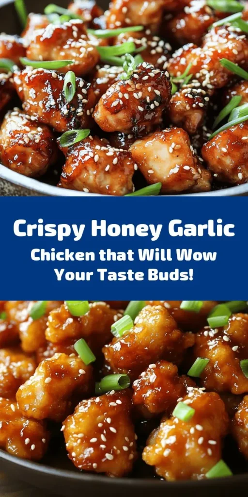 Try this crispy Chinese honey garlic chicken recipe for a delicious dinner that will impress your family and friends! With tender, bite-sized chicken pieces coated in a crunchy batter and tossed in a sweet and savory honey garlic sauce, it's a meal that’s full of flavor. Easy to make in just 30 minutes, it’s perfect over rice or with stir-fried veggies. Garnish with green onions and sesame seeds for that extra touch. Enjoy a taste of takeout at home!