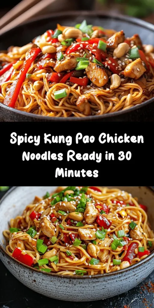 Savor the flavors of this homemade Kung Pao Chicken Noodles! This quick and easy recipe features tender diced chicken tossed with egg noodles, bell peppers, and crunchy peanuts, all coated in a flavorful spicy sauce. Perfect for a weeknight dinner, you'll love how the garlic and ginger infuse deliciousness into every bite. Ready in just 30 minutes, it's a dish that will impress your family and satisfy your cravings! Don't forget the sesame seeds for an extra touch!