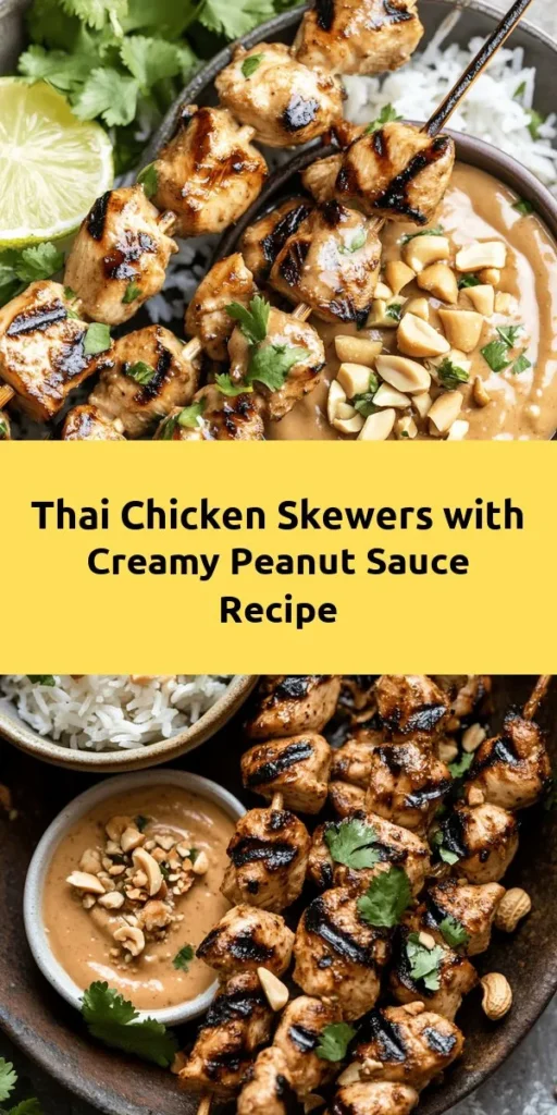 Fire up your grill for these Easy Grilled Thai Chicken Skewers! Juicy chunks of marinated chicken thighs are packed with flavor from soy sauce, fish sauce, brown sugar, lime juice, garlic, and ginger. Pair them with a creamy peanut sauce that’s just the right balance of sweetness and heat. Perfect for summer barbecues or weeknight dinners, these skewers are sure to impress. Serve with jasmine rice or a fresh salad for a complete meal!