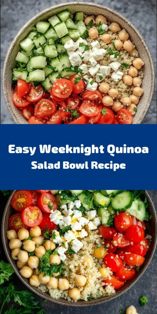 Discover the vibrant flavors of Ina's Weekday Quinoa Salad Bowl! This wholesome dish features fluffy quinoa, fresh veggies like cherry tomatoes and cucumbers, and protein-packed chickpeas. Tossed with tangy feta cheese and dressed in a zesty olive oil and lemon dressing, it's perfect for a quick lunch or dinner. Ready in just 30 minutes, enjoy it chilled or at room temperature for a nutritious meal that lasts. Healthy eating made easy!