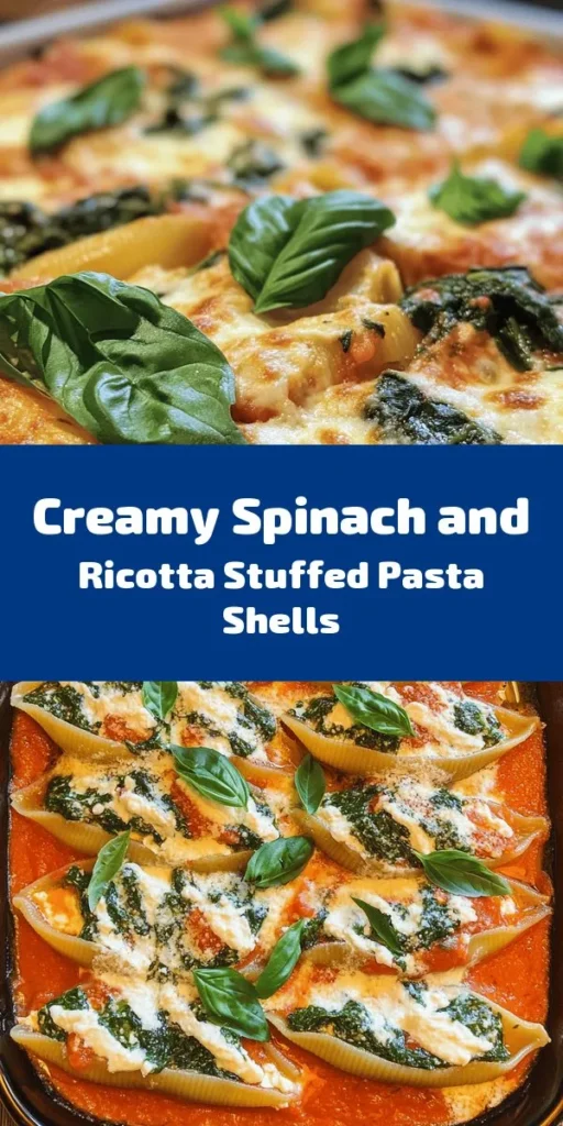 Indulge in these delicious Spinach & Ricotta Stuffed Shells, the perfect comfort food! Packed with flavor, these jumbo pasta shells are filled with a creamy mixture of fresh spinach, ricotta, and mozzarella cheese, all baked in marinara sauce. With minimal prep time, you can serve this mouthwatering dish in just 45 minutes. Ideal for family dinners or special occasions, don't forget to garnish with basil for that extra touch. Enjoy the cheesy goodness!