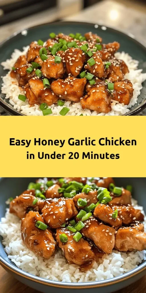 Get ready for a quick and delicious dinner with this Honey Garlic Chicken recipe! In just 20 minutes, you can whip up tender chicken coated in a sweet and savory sauce made from honey, soy sauce, garlic, and ginger. Perfect for busy weeknights, this dish is easy to prepare—simply sauté the chicken, add the sauce, and thicken it to perfection. Garnish with fresh green onions and sesame seeds, and serve it over rice or noodles for a satisfying meal that your family will love!