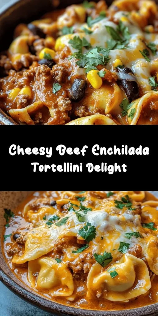 Indulge in a delightful Cheesy Beef Enchilada Tortellini that's quick and easy to prepare! This one-pot meal combines cheese tortellini, seasoned ground beef, black beans, and corn, all enveloped in savory enchilada sauce. Topped with gooey cheddar and Monterey Jack cheese, it's perfect for a weeknight dinner. Bake it for an extra touch of golden goodness, and don’t forget the cilantro and sour cream for serving. Enjoy this flavorful Tex-Mex fusion!