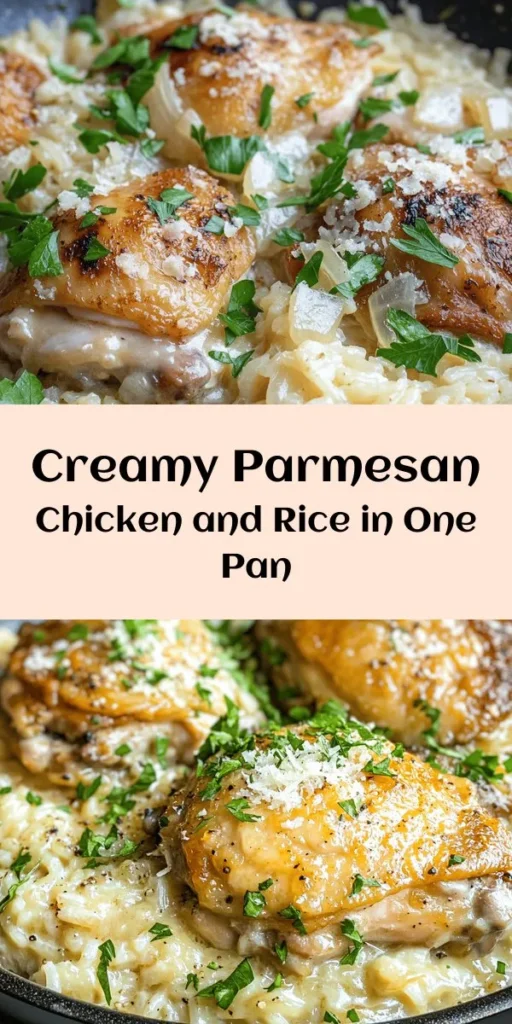 Savor the deliciousness of this One-Pan Creamy Parmesan Chicken & Rice! This easy recipe combines succulent chicken thighs, creamy Arborio rice, and rich Parmesan cheese for a comforting meal that cooks in one pan. Perfect for busy weeknights, it features simple ingredients like garlic and Italian seasoning for extra flavor. Top with fresh parsley for a pop of color and serve hot. Ready in just 40 minutes, it’s packed with flavor and goodness!