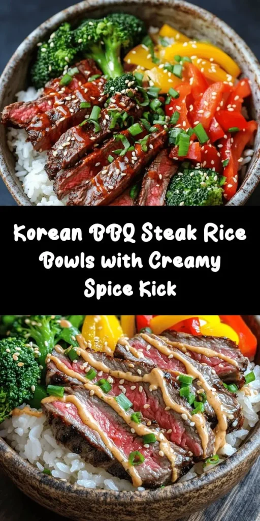 Try these flavorful Korean BBQ Steak Rice Bowls topped with a rich spicy cream sauce for a delightful meal! Marinate flank steak in a zesty blend of soy sauce, sesame oil, and brown sugar for a deliciously tender bite. Pair it with vibrant sautéed veggies like broccoli and bell peppers over jasmine rice. Finish it off with a creamy, spicy drizzle and garnish with green onions and sesame seeds. Perfect for a quick dinner that brings Korean flavors to your table!