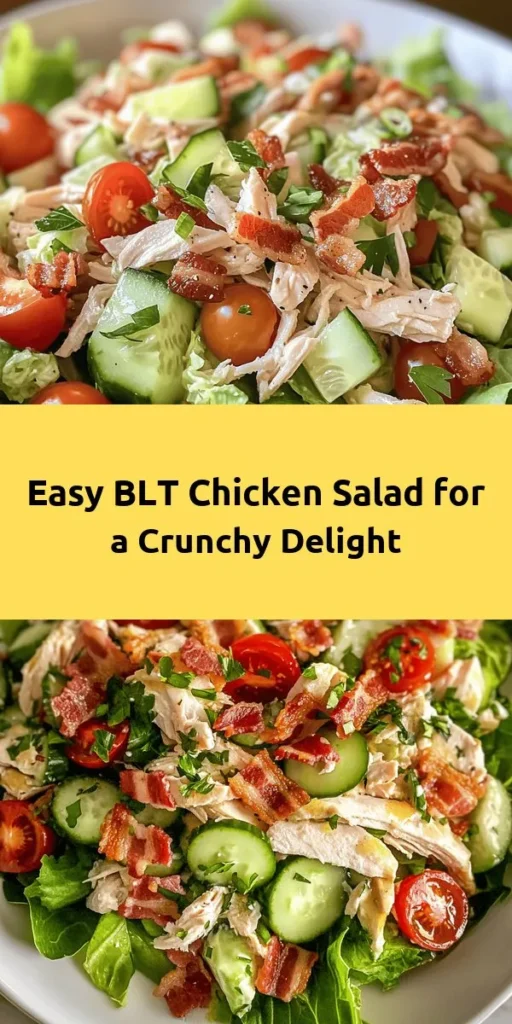 Discover the refreshing flavor of this BLT Chicken Salad Delight! Packed with shredded chicken, crispy bacon, and vibrant veggies like romaine lettuce, cherry tomatoes, and cucumber, this dish is a perfect combination of crunch and creaminess. Tossed in a zesty dressing of mayonnaise, Greek yogurt, Dijon mustard, and lemon juice, it’s a quick and easy recipe that comes together in just 15 minutes. Perfect for lunch or a light dinner, enjoy this healthy spin on a classic favorite!