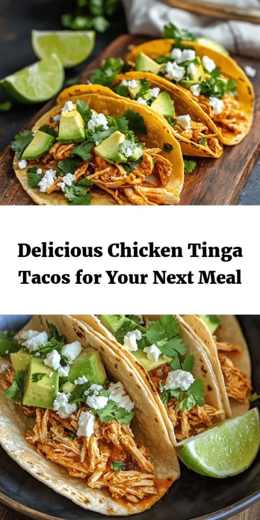 Spice up your taco night with these delicious Chicken Tinga Tacos! Made with tender shredded chicken thighs simmered in a smoky, flavorful sauce, these tacos are sure to impress. Simple ingredients like chipotle peppers, tomatoes, and spices come together for a taste you won’t forget. Serve with warm corn tortillas, fresh cilantro, creamy avocado, and a sprinkle of queso fresco. Perfect for gatherings or a cozy family meal! Enjoy every bite!
