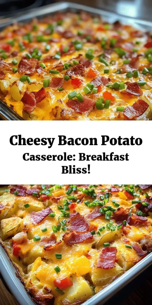 Start your day with this Ultimate Cheesy Bacon Potato Breakfast Casserole! It's a hearty dish packed with crispy bacon, creamy cheeses, and diced veggies, all baked to perfection. This easy recipe combines layers of tender potatoes and a rich egg mixture, making it perfect for brunch or family gatherings. Prepped in just 20 minutes, it's ready in an hour and serves up to 8. Top with fresh chives or parsley for a delightful finishing touch!