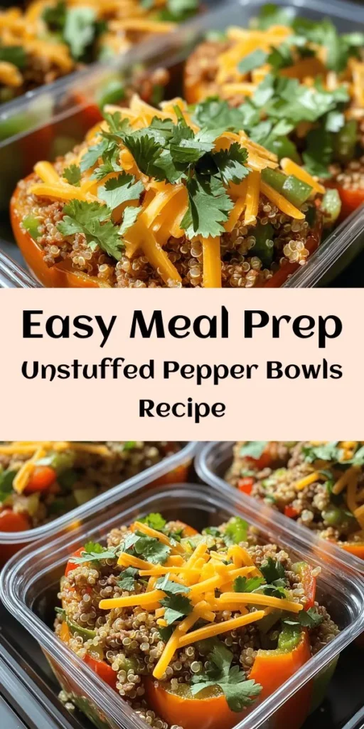 Get ready for an easy and delicious meal prep with these unstuffed pepper bowls! Packed with ground turkey or beef, colorful bell peppers, quinoa, black beans, and corn, this recipe is both nutritious and satisfying. Perfect for busy weeks, just cook, mix, and portion into containers. Reheat and enjoy a flavorful meal any time. Top with cheddar cheese and fresh herbs for extra yum! Ideal for lunch or dinner, this dish is a must-try!
