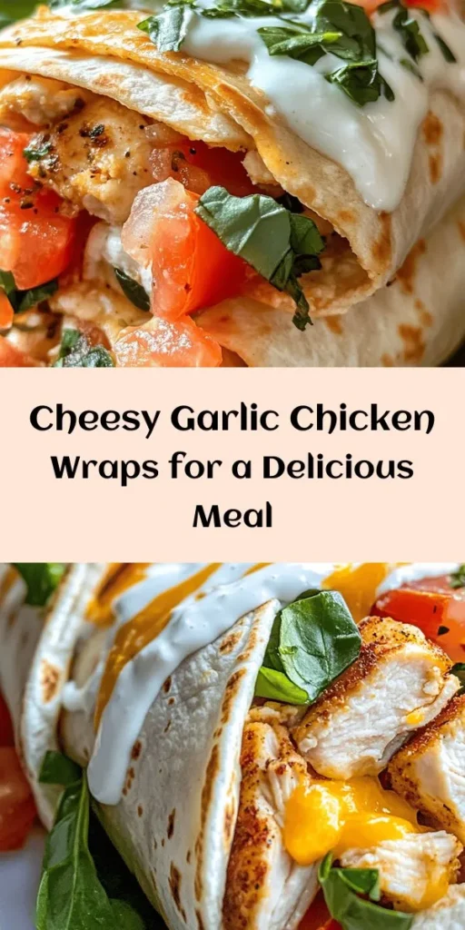 Indulge in these Cheesy Garlic Chicken Wraps that are bursting with flavor! Perfect for quick lunches or weeknight dinners, this recipe combines tender, seasoned chicken strips with melty mozzarella, fresh spinach, and tomatoes all wrapped in warm tortillas. With just a handful of ingredients and easy steps, you'll have a delicious meal ready in no time. Garnish with fresh herbs for an extra touch. Enjoy this cheesy goodness!