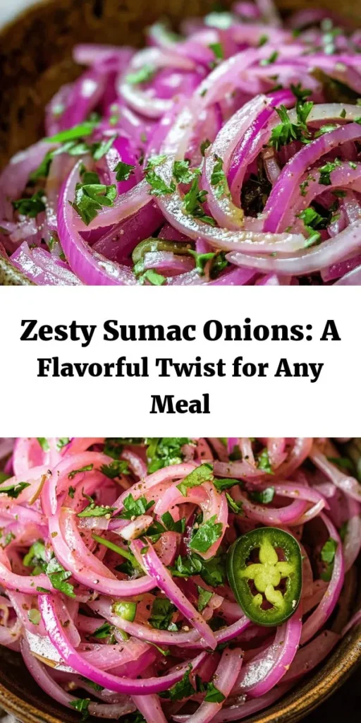 Brighten up your meals with these Zesty Sumac Onions! This easy recipe combines thinly sliced red onions with a tangy dressing of sumac, olive oil, lemon juice, and a hint of honey. Perfectly marinated to unleash the flavors, these onions are a versatile side dish that pairs well with grilled meats, salads, or flatbreads. Add a kick of heat with jalapeños if you like! Ready in just 40 minutes, they’re a delicious addition to any table.