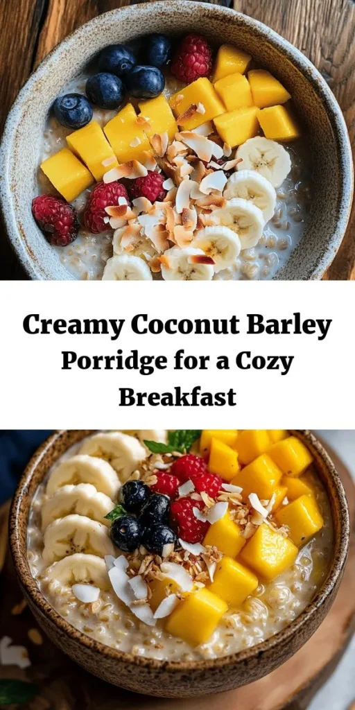Start your day with a delicious bowl of creamy coconut barley porridge! This easy recipe combines pearl barley and creamy coconut milk, sweetened with maple syrup and flavored with cinnamon. Ready in just 50 minutes, it’s perfect for a cozy breakfast. Top with fresh fruits like banana, mango, or berries, and add some toasted coconut flakes and crunchy nuts for extra texture. A wholesome and satisfying meal for any time of the day!