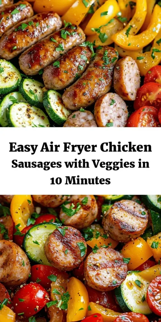 Looking for a quick and delicious meal? Try these air fryer chicken sausages and veggies! In just 10 minutes, you can enjoy juicy chicken sausages tossed with vibrant bell peppers, zucchini, and cherry tomatoes, all seasoned to perfection. This easy recipe is perfect for a healthy lunch or dinner. Just coat your ingredients in a simple seasoning mix, air fry, and serve with a sprinkle of fresh parsley for a delightful touch. Enjoy the crispy goodness!