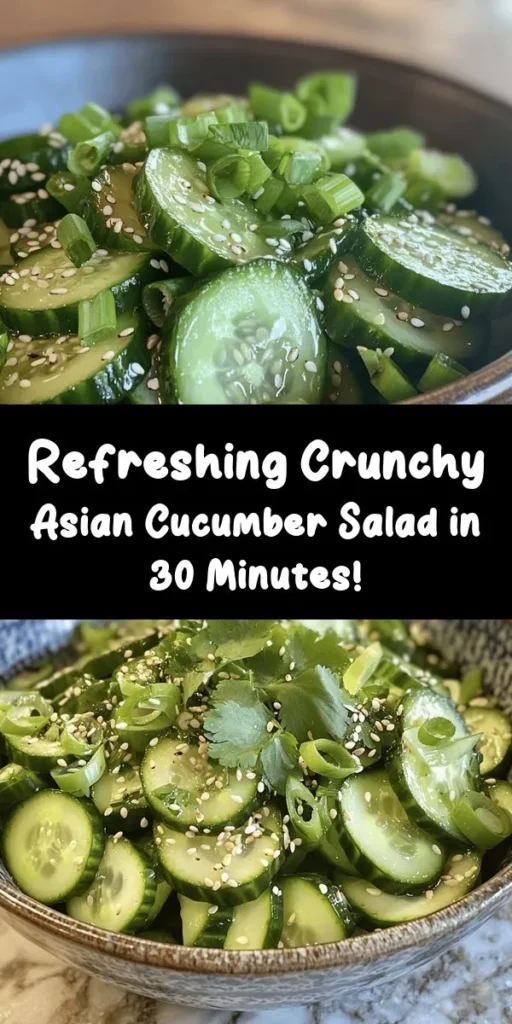 Elevate your salad game with this Crunchy Asian Cucumber Salad! This refreshing dish combines thinly sliced cucumbers with a tangy dressing of rice vinegar, soy sauce, and sesame oil, balanced with a touch of sugar and zesty garlic and ginger. Toss in some sesame seeds and green onions for an added crunch. Perfect as a side or light snack, it's easy to prepare and packed with flavor. Enjoy chilled for a delightful treat!