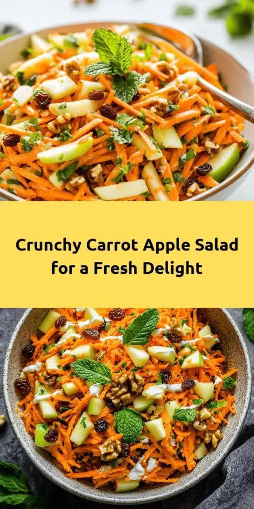 Looking for a refreshing and healthy salad? Try this Crunchy Carrot Apple Salad Delight! With grated carrots, diced apples, and a mix of sweet raisins and crunchy nuts, this dish is both nutritious and delicious. Toss everything in a creamy honey and yogurt dressing for the perfect flavor combination. Ideal as a side dish or a light lunch, it's quick to prepare and perfect for any occasion. Enjoy it chilled with a touch of fresh mint for extra flair!