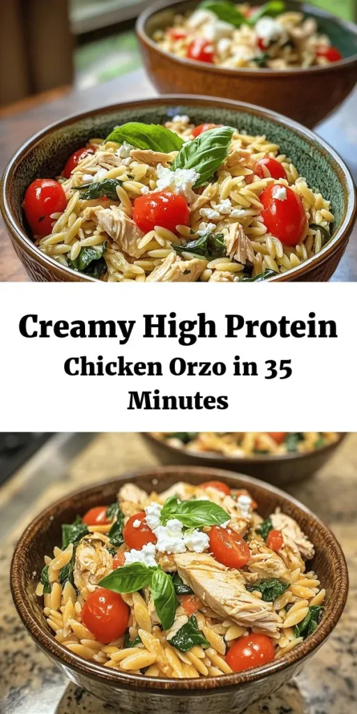 This High Protein Chicken Orzo is a delicious and wholesome meal packed with flavor and nutrients! Made with tender chicken breast, orzo pasta, and fresh veggies, this dish is both satisfying and creamy, thanks to Greek yogurt. With just a few simple steps, you can have a comforting dinner ready in 35 minutes. Perfect for busy weeknights, this recipe serves four and is sure to impress family and friends. Enjoy a healthy, tasty meal while fueling your body!