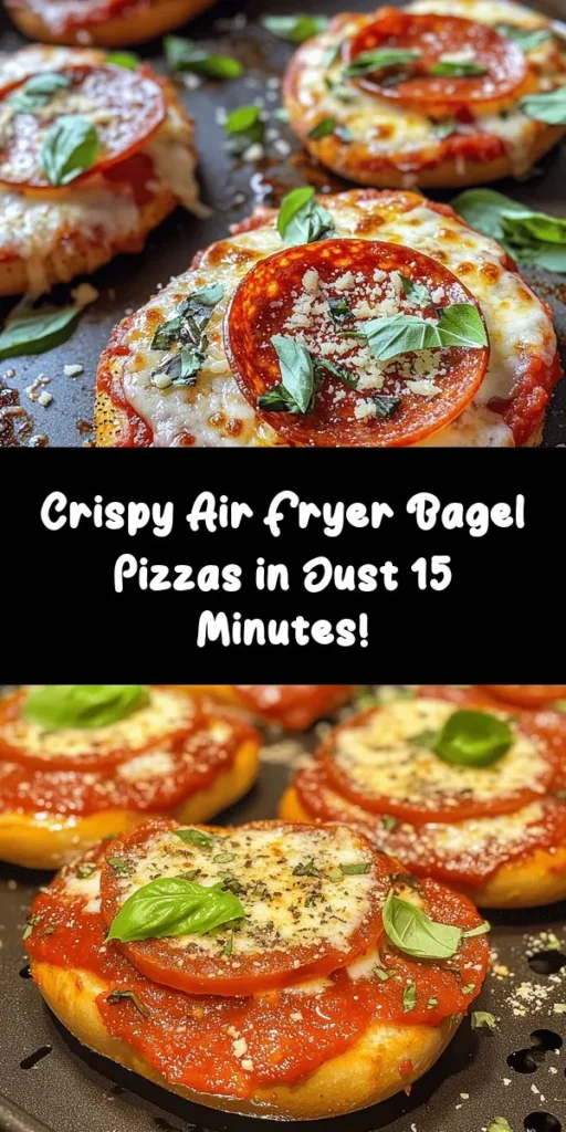 Craving a quick and delicious snack? Try these Air Fryer Bagel Pizzas! Perfect for lunch or movie night, they're super easy to make with just bagels, pizza sauce, mozzarella, and your favorite toppings. In just 15 minutes, you can enjoy crispy, cheesy goodness right from your air fryer. Customize each one to your liking—add pepperoni, veggies, or keep it classic! Don’t forget to garnish with fresh basil for an extra touch. Get ready to savor every bite!