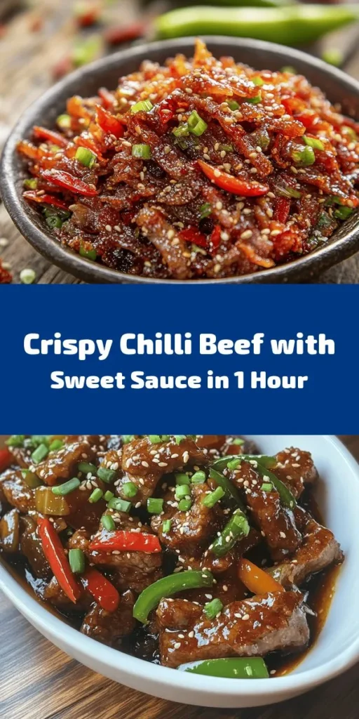 Spice up your dinner with this delicious Crispy Chilli Beef with Sweet Chilli Sauce! Tender strips of marinated beef are fried to perfection, offering a satisfying crunch. Tossed with bell peppers, onions, and a flavorful sweet chili sauce, this dish is both quick and easy to make, perfect for any night. Garnish with green onions and sesame seeds for a pop of flavor. Ideal for sharing or enjoying all to yourself! Give this recipe a try tonight!