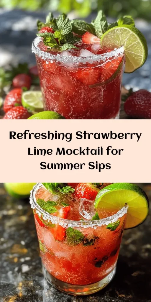 Beat the heat with this refreshing Strawberry Lime Mocktail Margarita! Perfect for any occasion, this sparkling drink combines fresh strawberries, zesty lime juice, and a touch of sweetness from agave syrup. Simply blend, strain, and mix with sparkling water for a fizzy treat. Garnish with mint and fruit slices for that extra flair. Quick and easy to make, this mocktail serves four and is ready in just 15 minutes. Raise your glass to summer vibes!