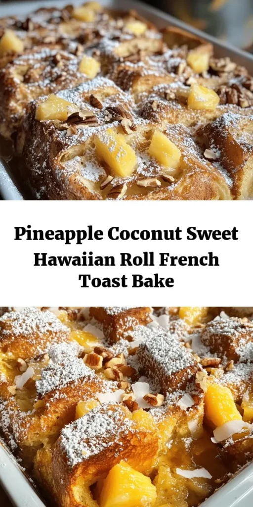 Enjoy a tropical twist on brunch with this Sweet Hawaiian Roll French Toast Bake! This delicious recipe combines fluffy Sweet Hawaiian Rolls with a rich custard made from eggs, milk, and cream, infused with vanilla, cinnamon, and nutmeg. Packed with crushed pineapple and shredded coconut, it's a delightful, easy-to-make dish perfect for family gatherings. Just bake it to golden perfection, dust with powdered sugar, and serve warm with maple syrup. Your taste buds will thank you!