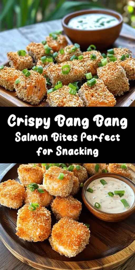 Discover the ultimate appetizer with these Crispy Bang Bang Salmon Bites! This easy recipe features fresh salmon cubes breaded to perfection and fried until golden. Paired with a mouthwatering Bang Bang sauce made from mayonnaise, sweet chili, and a touch of spice, it's a flavor explosion you won't want to miss. Perfect for gatherings or a tasty weeknight snack, these bites are sure to impress. Get ready to enjoy a delicious seafood treat!