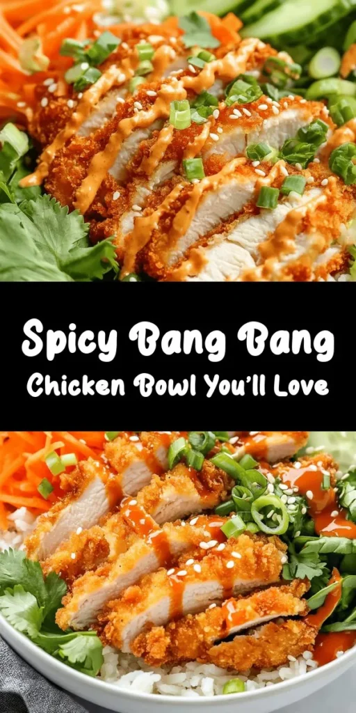 Discover the mouthwatering Bang Bang Chicken Bowl, a perfect blend of crispy chicken and fresh veggies! This easy recipe features tender chicken coated in flavorful spices, baked to perfection, and drizzled with a creamy, spicy bang bang sauce. Serve it over jasmine rice or quinoa, topped with vibrant greens, carrots, and cucumbers. Quick to make and absolutely delicious, it's an ideal dish for busy weeknights or meal prep! Enjoy a satisfying and healthy meal in just 45 minutes.