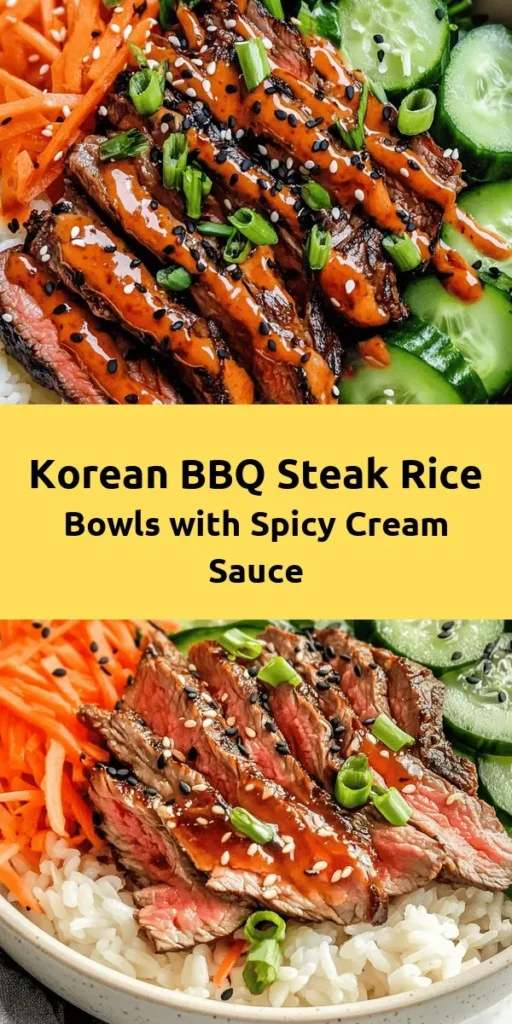 Try these Korean BBQ Steak Rice Bowls with Spicy Cream Sauce for a delicious and vibrant meal! Tender marinated flank steak is grilled to perfection and served over a bed of jasmine rice, fresh greens, and colorful veggies. The spicy cream sauce, with its perfect kick, takes this dish to a new level. Quick and easy to prepare, this recipe is perfect for a weeknight dinner or a weekend treat. Your taste buds will thank you!