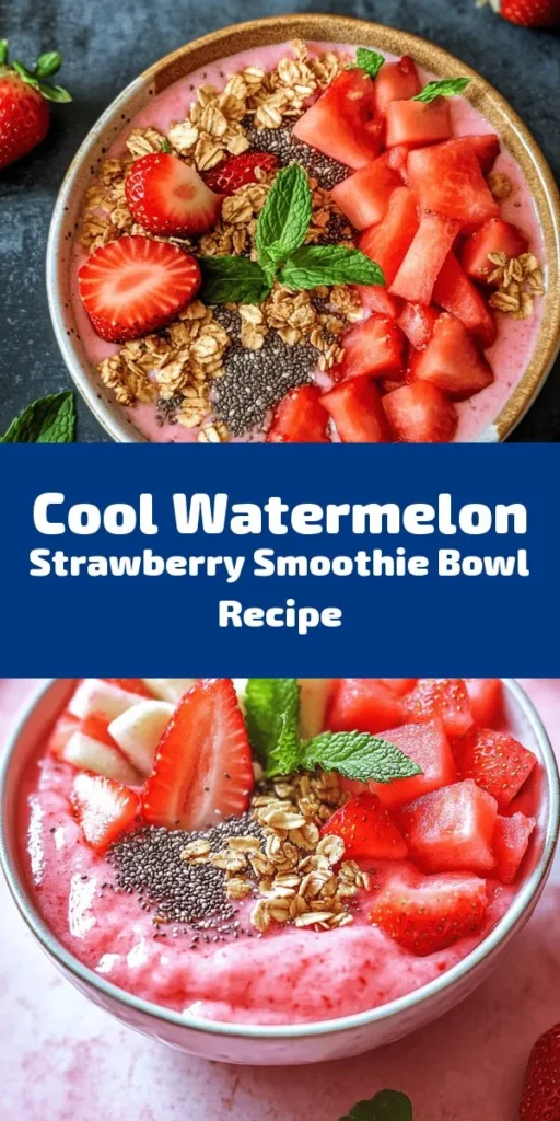 Beat the heat with this delightful Watermelon and Strawberry Smoothie Bowl! Packed with refreshing flavors, this delicious recipe features frozen watermelon and strawberries blended with banana and coconut water for a creamy treat. Customize it with optional Greek yogurt and your favorite sweeteners. Top it off with fresh fruits, granola, and mint for added crunch and color. Perfect for breakfast or a snack, this beautiful bowl is both nutritious and satisfying!