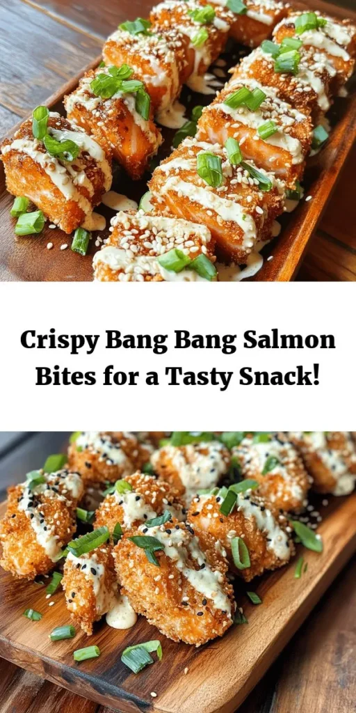 Elevate your seafood game with these Crispy Bang Bang Salmon Bites! In just 30 minutes, you'll have bite-sized pieces of salmon coated in crunchy panko and perfectly seasoned for a delicious crunch. Pair them with a creamy, spicy Bang Bang sauce made from mayonnaise, sweet chili sauce, and a splash of lime for an irresistible flavor combination. Perfect as an appetizer or a main dish, these bites are sure to impress! Garnish with green onions and sesame seeds for that finishing touch.