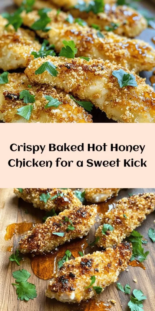 Elevate your dinner game with this Baked Crunchy Hot Honey Chicken! Perfectly seasoned chicken tenders are coated in a crispy panko breadcrumb layer and baked to golden perfection. Finished off with a drizzle of sweet and spicy hot honey, this dish balances flavor and texture beautifully. Ready in just 40 minutes, it's a family-friendly meal sure to become a weeknight favorite. Garnish with fresh parsley for a pop of color!