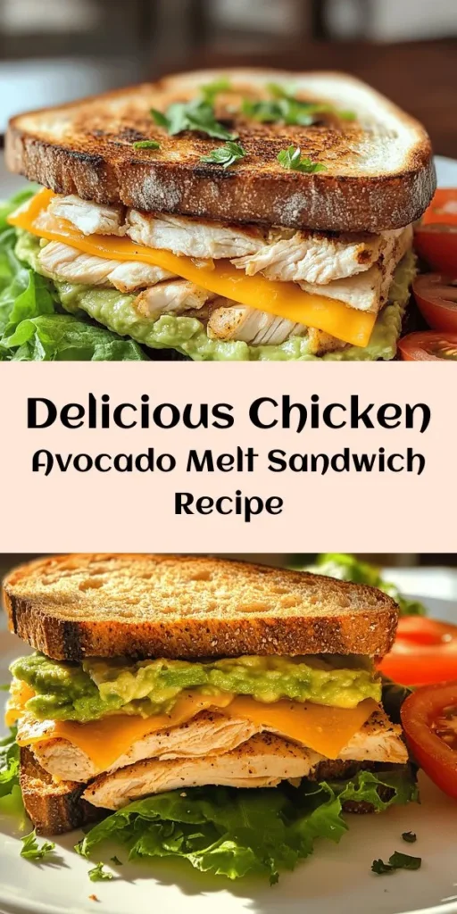 Indulge in a delicious Chicken Avocado Melt Sandwich that’s packed with flavor and perfect for lunch or a quick dinner. Sauté tender chicken breasts seasoned with garlic and paprika, then layer with a creamy avocado spread made with Greek yogurt and lime juice. Top it off with melted cheddar cheese between slices of your favorite bread, grilled to golden perfection. Serve with fresh lettuce and tomatoes for a tasty meal the whole family will love!